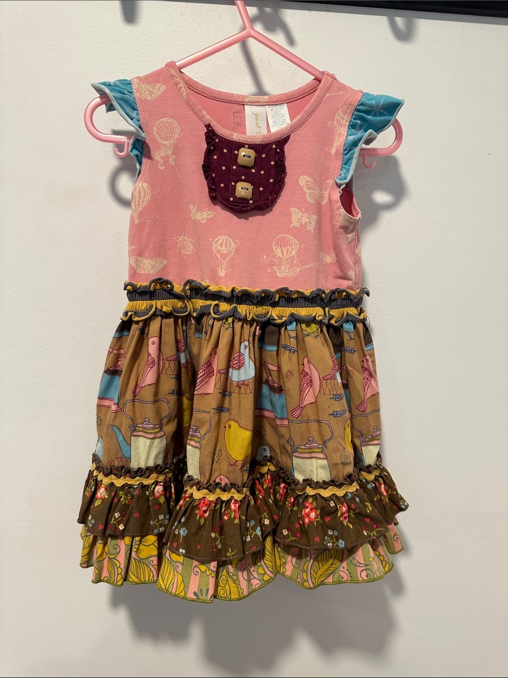 Matilda Jane Pink and Teal Flutter Sleeve Ruffle Dress